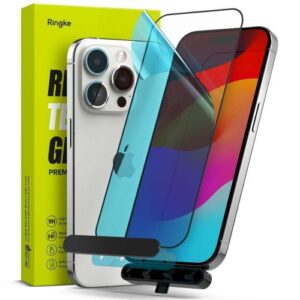 Ringke Apple iPhone 15 Pro ekrano apsauga, aukščiausios kokybės grūdintas stiklas 9H su montavimo rėmeliu, skaidrus