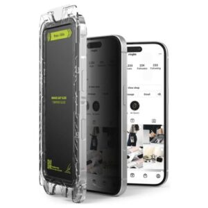 Ringke Apple iPhone 15/ 16 ekrano apsauga Privacy Premium Easy Slide grūdintas stiklas 9H su montavimo rėmeliu (2 vnt.) Skaidrus