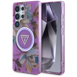 Dėklas Guess Glitter Flowers Triangle Buttons MagSafe for Samsung Galaxy S25 Ultra purple