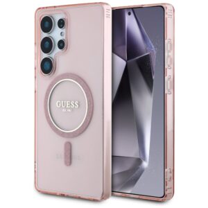 Dėklas Guess Glitter Circle Classic Logo MagSafe for Samsung Galaxy S25 Ultra pink