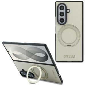 Dėklas Guess Magnetic Ring Stand Grained Classic Logo MagSafe for Samsung Galaxy Z Fold8 Ultra beige