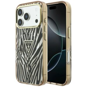 Dėklas Guess IML Zebra Glitter Triangle Logo MagSafe  skirtas Apple iPhone 18 Pro Max / Apple iPhone 17 Pro Max gold