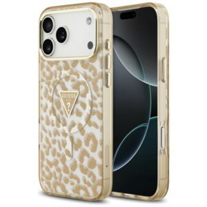 Dėklas Guess IML Leopard Glitter Triangle Logo MagSafe, skirtas iPhone 18 Pro / iPhone 17 Pro, rudos spalvos