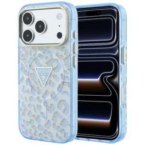 Dėklas Guess IML Leopard Glitter Triangle Logo MagSafe, skirtas iPhone 18 Pro / 17 Pro, mėlynos spalvos