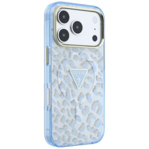 Dėklas Guess IML Leopard Glitter Triangle Logo MagSafe, skirtas iPhone 18 Pro / 17 Pro, mėlynos spalvos - Image 4