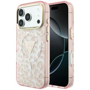 Dėklas Guess IML Leopard Glitter Triangle Logo MagSafe  skirtas Apple iPhone 18 Pro Max / Apple iPhone 17 Pro Max rožinės spalvos
