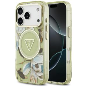 Dėklas Guess IML Glitter Flowers Triangle MagSafe skirtas Apple iPhone 18 Pro / 17 Pro žalios spalvos - Image 1