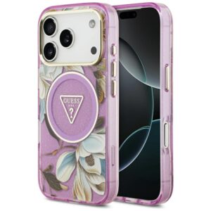 Dėklas Guess IML Glitter Flowers Triangle MagSafe skirtas Apple iPhone 18 Pro / 17 Pro violetinės spalvos