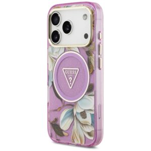 Dėklas Guess IML Glitter Flowers Triangle MagSafe skirtas Apple iPhone 18 Pro / 17 Pro violetinės spalvos - Image 2