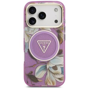 Dėklas Guess IML Glitter Flowers Triangle MagSafe skirtas Apple iPhone 18 Pro / 17 Pro violetinės spalvos - Image 3