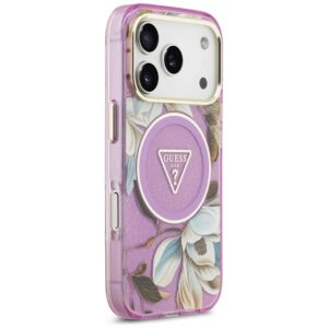 Dėklas Guess IML Glitter Flowers Triangle MagSafe skirtas Apple iPhone 18 Pro / 17 Pro violetinės spalvos - Image 4