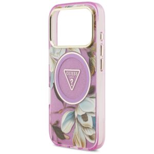 Dėklas Guess IML Glitter Flowers Triangle MagSafe skirtas Apple iPhone 18 Pro / 17 Pro violetinės spalvos - Image 6