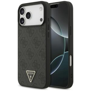 Dėklas Guess Leather 4G Triangle Strass MagSafe skirtas iPhone 18 Pro Max / 17 Pro Max juodos spalvos