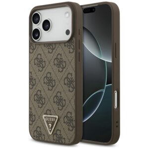 Dėklas Guess Leather 4G Triangle Strass MagSafe skirtas Apple iPhone 18 Pro Max / 17 Pro Max rudos spalvos