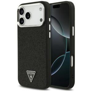 Dėklas Guess Glitter Triangle Logo MagSafe skirtas Apple iPhone 18 Pro Max / 17 Pro Max juodos spalvos