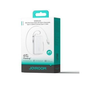 Joyroom išorinė baterija su skaitmeniniu ekranu, C+U+U, PD 35W, 10000 mAh su integruotu ištraukiamu Type-C ir Lightning laidu (0,7 m), balta (JR-PR2)