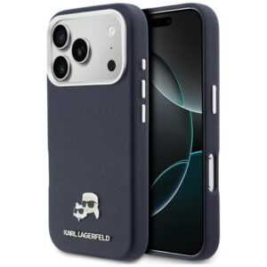 Dėklas Karl Lagerfeld Karl & Choupette Head Pins Saffiano MagSafe skirtas iPhone 17 Pro blue