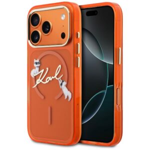 Dėklas Karl Lagerfeld IML Choupettes Karl Script Logo MagSafe skirtas iPhone 17 Pro orange