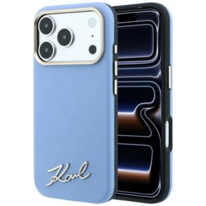 Dėklas Karl Lagerfeld Saffiano Small Script Metal Logo MagSafe skirtas Apple iPhone 18 Pro Max / 17 Pro Max šviesiai mėlynos spalvos
