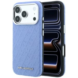 Dėklas Karl Lagerfeld Grained Allover Logo Metal Elongated MagSafe skirtas iPhone 18 Pro / 17 Pro blue