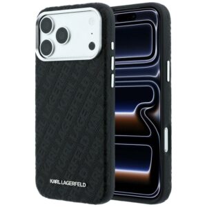 Dėklas Karl Lagerfeld Grained Allover Logo Metal Elongated skirtas iPhone 18 Pro Max/17 Pro Max black