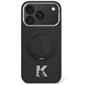 Dėklas Karl Lagerfeld IML Ring Stand 360 Kameo Metal MagSafe skirta Apple iPhone 18 Pro / 17 Pro juodos spalvos