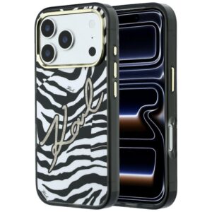 Dėklas Karl Lagerfeld IML Signature Zebra Glitter MagSafe skirtas Apple iPhone 18 Pro / 17 Pro aukso spalvos