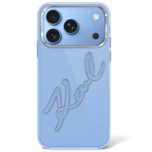 Dėklas Karl Lagerfeld IML Big Signature Resin Metal Frame skirtas Apple iPhone 18 Pro / 17 Pro mėlynos spalvos