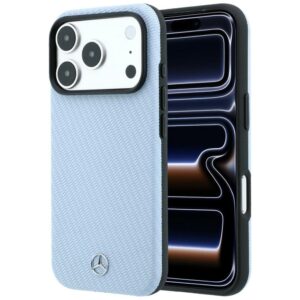 Dėklas Mercedes Leather Semi Wrap Wood Effect MagSafe skirtas iPhone 18 Pro / 17 Pro blue