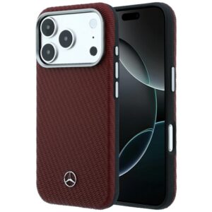 Dėklas Mercedes Leather Semi Wrap Wood Effect MagSafe skirtas iPhone 18 Pro / 17 Pro burgundy