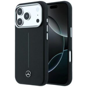 Dėklas Mercedes Leather Semi Wrap Iconic Line MagSafe, skirtas iPhone 18 Pro Max / 17 Pro Max, juodos spalvos