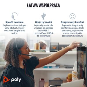 HP Poly „Poly Blackwire 3310 Monaural“ „Microsoft Teams“ sertifikuotos „USB-C“ ausinės + „USB-C/A“ adapteris - Image 2