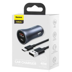 Baseus automobilinis įkroviklis Golden Contactor Pro Dual Quick Charger U+C, PD 3.0, QC 4+, SCP FCP AFC (su USB - Type C 1m laidu) pilkas (TZCCJD-0G)