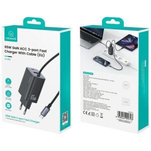 USAMS JC Series CC266 65W GaN Fast Charger 2xUSB-C 1xUSB-A juodos spalvos - Image 9