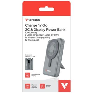 Powerbank Verbatim Charge n Go 10000mAh with stand Magnetic Wireless TFT display 2xUSB-C cable grey - Image 9