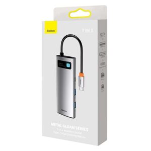 Baseus HUB Metal Gleam serijos 7-in-1 daugiafunkcis (Type-C į 2x USB 3.0, PD 100W / HDMI 4K 30Hz / RJ45 1Gbps, Type-C pagrindinis) pilkas (WKWG020113)