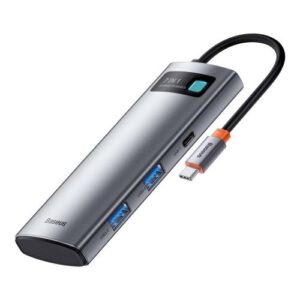 Baseus HUB Metal Gleam serijos 7-in-1 daugiafunkcis (Type-C į 2x USB 3.0, PD 100W / HDMI 4K 30Hz / RJ45 1Gbps, Type-C pagrindinis) pilkas (WKWG020113) - Image 4