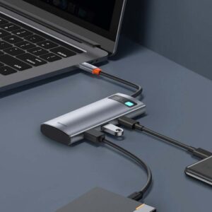 Baseus HUB Metal Gleam serijos 7-in-1 daugiafunkcis (Type-C į 2x USB 3.0, PD 100W / HDMI 4K 30Hz / RJ45 1Gbps, Type-C pagrindinis) pilkas (WKWG020113) - Image 12