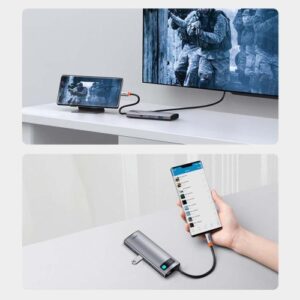 Baseus HUB Metal Gleam serijos 7-in-1 daugiafunkcis (Type-C į 2x USB 3.0, PD 100W / HDMI 4K 30Hz / RJ45 1Gbps, Type-C pagrindinis) pilkas (WKWG020113) - Image 16