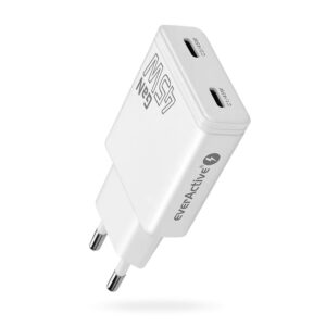 GaN tinklo įkroviklis 2× USB-C Quick Charge 3.0 45 W PD, baltas