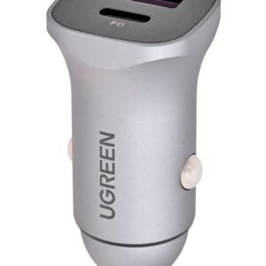 Ugreen USB Type-C / USB 24 W galios tiekimo greito įkrovimo automobilinis įkroviklis, pilkos spalvos (30780)