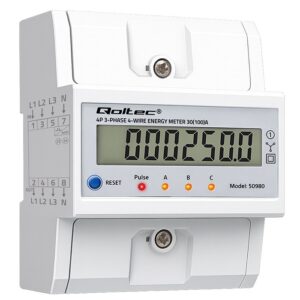 Qoltec 50980 Trifazis elektroninis skaitiklis su atstatymu | Energijos suvartojimo skaitiklis ant DIN bėgelio | 400 V | 100 A | LCD | LED | 4P