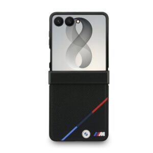 BMW M PU Perforated Tricolor Stripe Magnetic dėklas Samsung Galaxy Z Flip 8 juodos spalvos