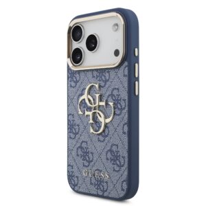 Guess PU odos 4G Metal Logo auksinio rėmelio dėklas iPhone 18 Pro Blue