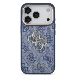 Guess PU odos 4G Metal Logo auksinio rėmelio dėklas iPhone 18 Pro Blue - Image 2