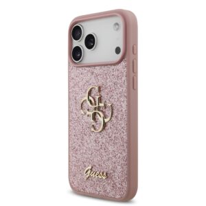 Guess PU Fixed Glitter 4G Metal Logo Dėklas Apple iPhone 18 Pro Max Pink
