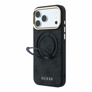 Guess PU 4G Ring Stand MagSafe Dėklas skirtas Apple iPhone 18 Pro juodos spalvos