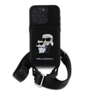 Karl Lagerfeld Saffiano Crossbody Strap Karl and Choupette dėklas Apple iPhone 16 Pro Max juodos spalvos