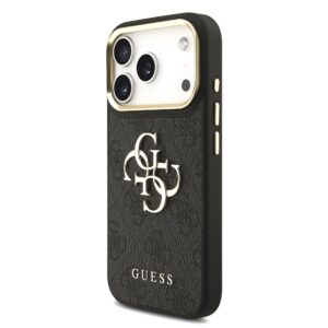 Guess PU Leather 4G Metal Logo Gold Frame dėklas Apple iPhone 18 Pro juodos spalvos