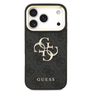 Guess PU Leather 4G Metal Logo Gold Frame dėklas Apple iPhone 18 Pro juodos spalvos - Image 2